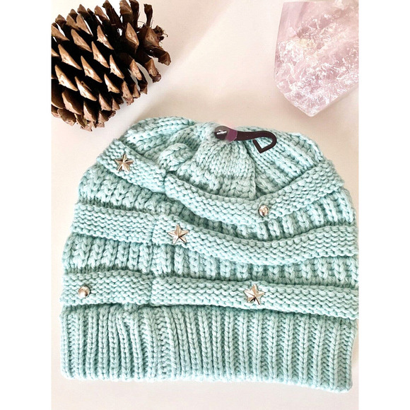 New Adult Size CC Winter Mint Green Preppy Cable Knit Hat Beanie w/ Stars & Dots - Picture 5 of 6